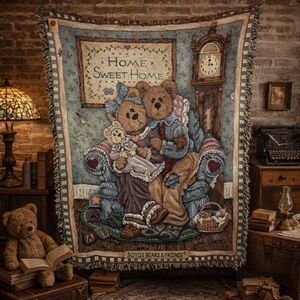 Vintage Boyd’s Bears Woven Throw Blanket / Tapestry – Home Sweet Home – 68” x 52